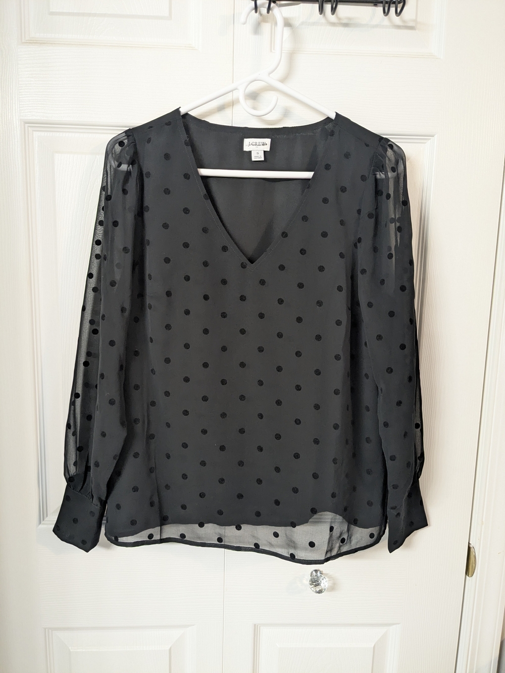 J. Crew Factory Black Sheer Polka Dot V-Neck Blouse Black small